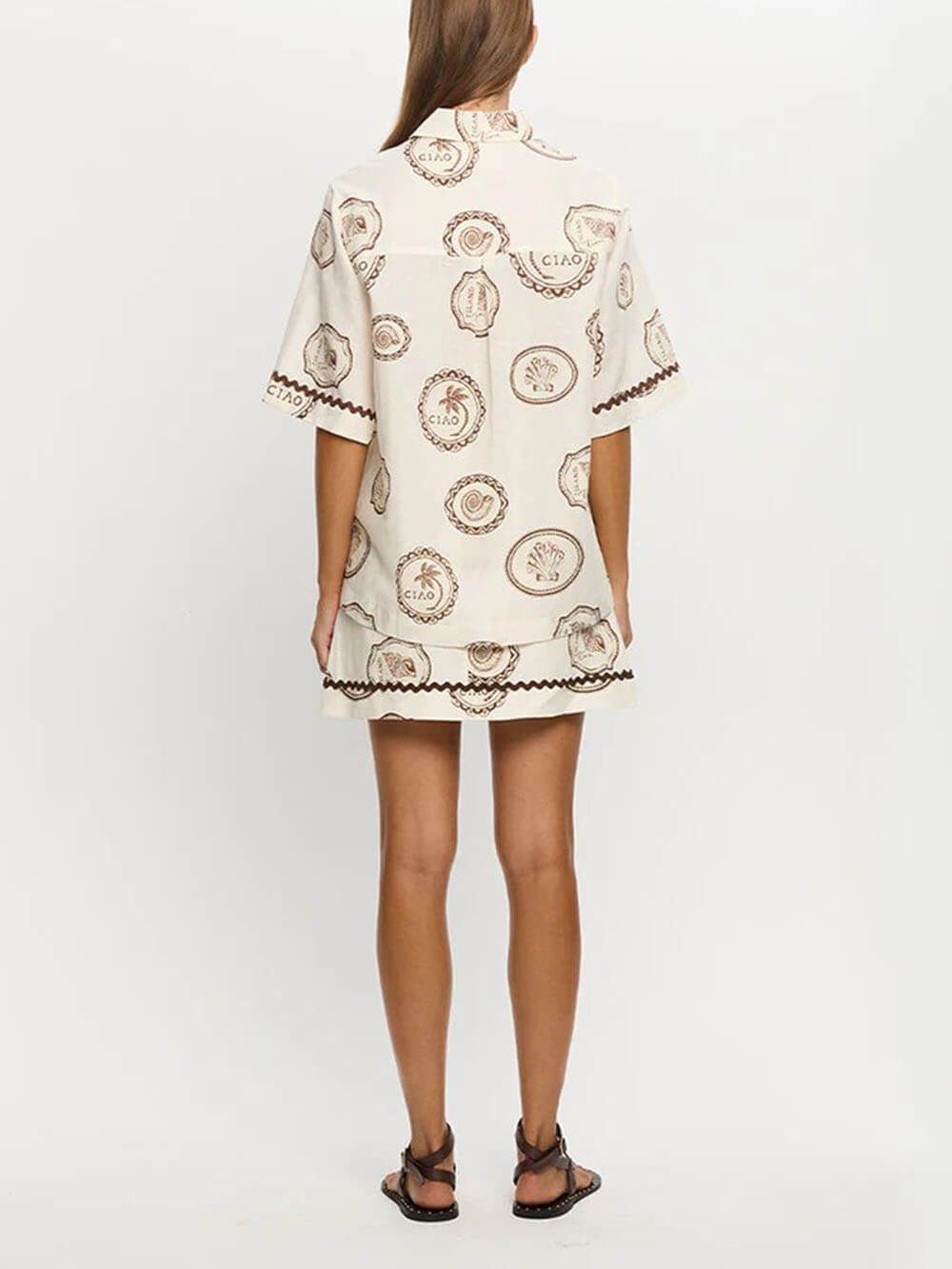 Elegante Vetersluiting Linnen Schelpprint Korte Mouwen Shirt En Rok Set