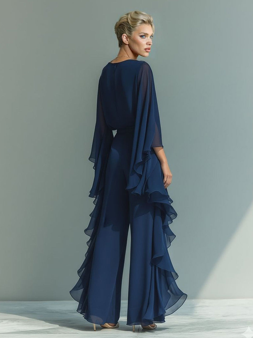 Chiffon Top met Belmouwen & Rechte Broek Twee-Piece Set