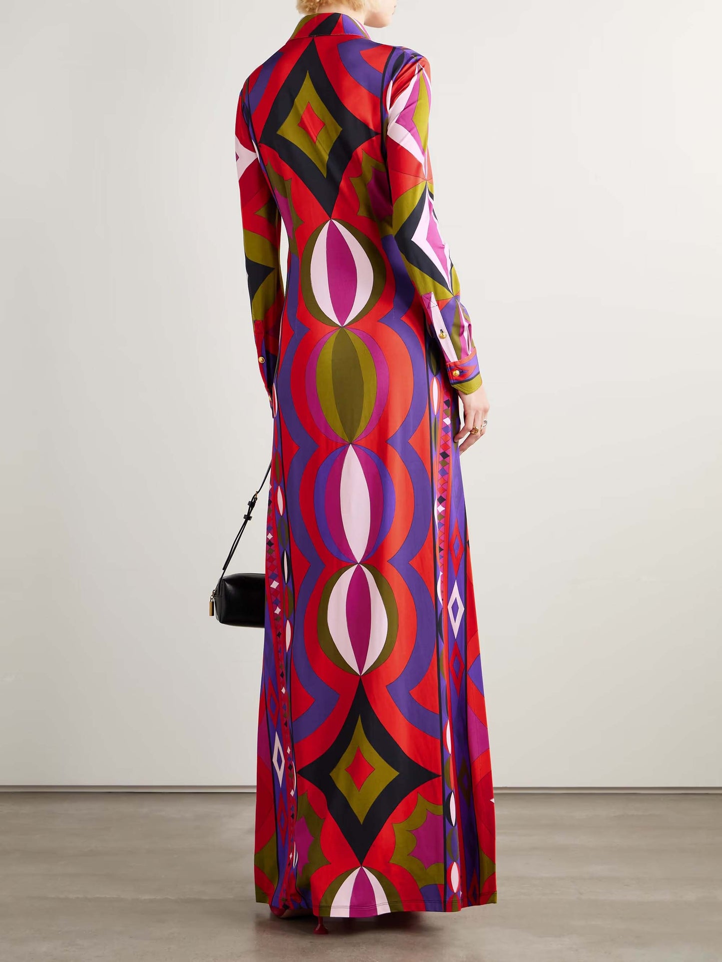 Unieke Retro Abstracte Print Hemdkragen Maxi Jurk