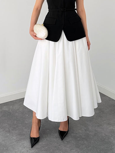 Elegante Mouwloze Vest en Witte Flared Midi Rok Twee-Delige Set