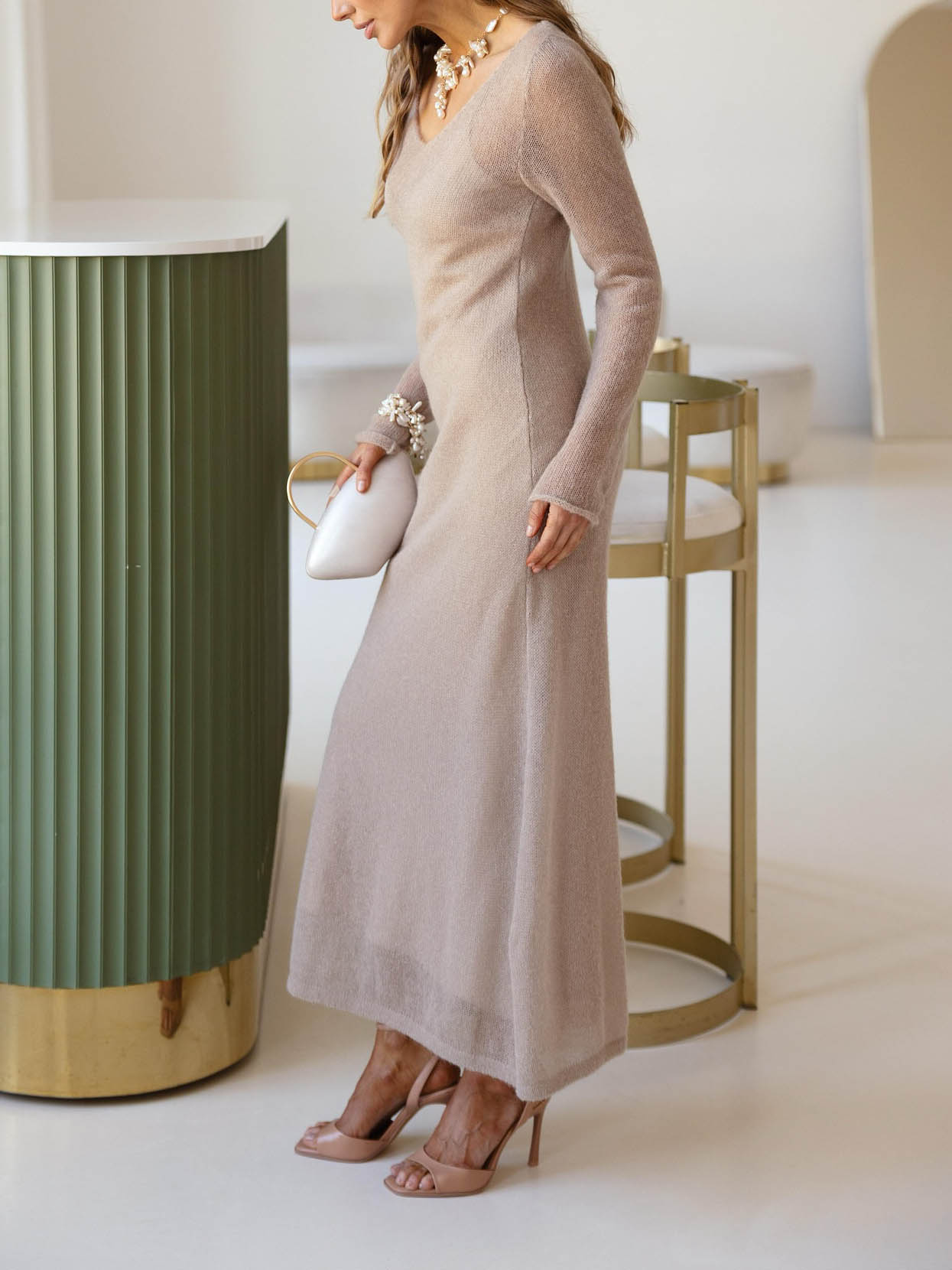 Elegante Doorzichtige Gebreide V-Hals Lange Mouw Maxi Jurk