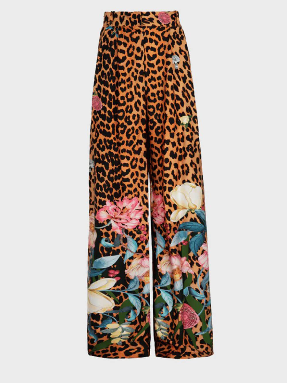 Unieke Luipaard Bloemenprint Elastische Taille Wijde Pantalon