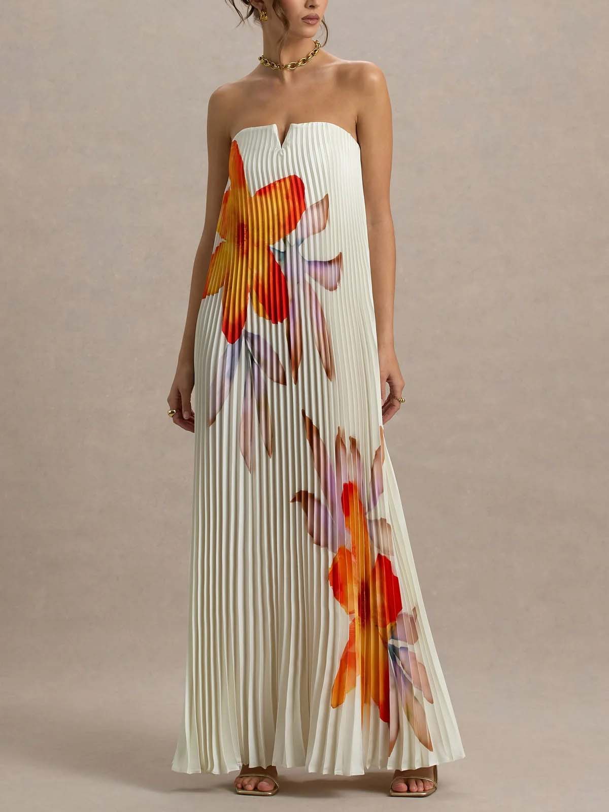 Elegante Sweetheart Oranje Bloemenprint Plissé Maxi Jurk