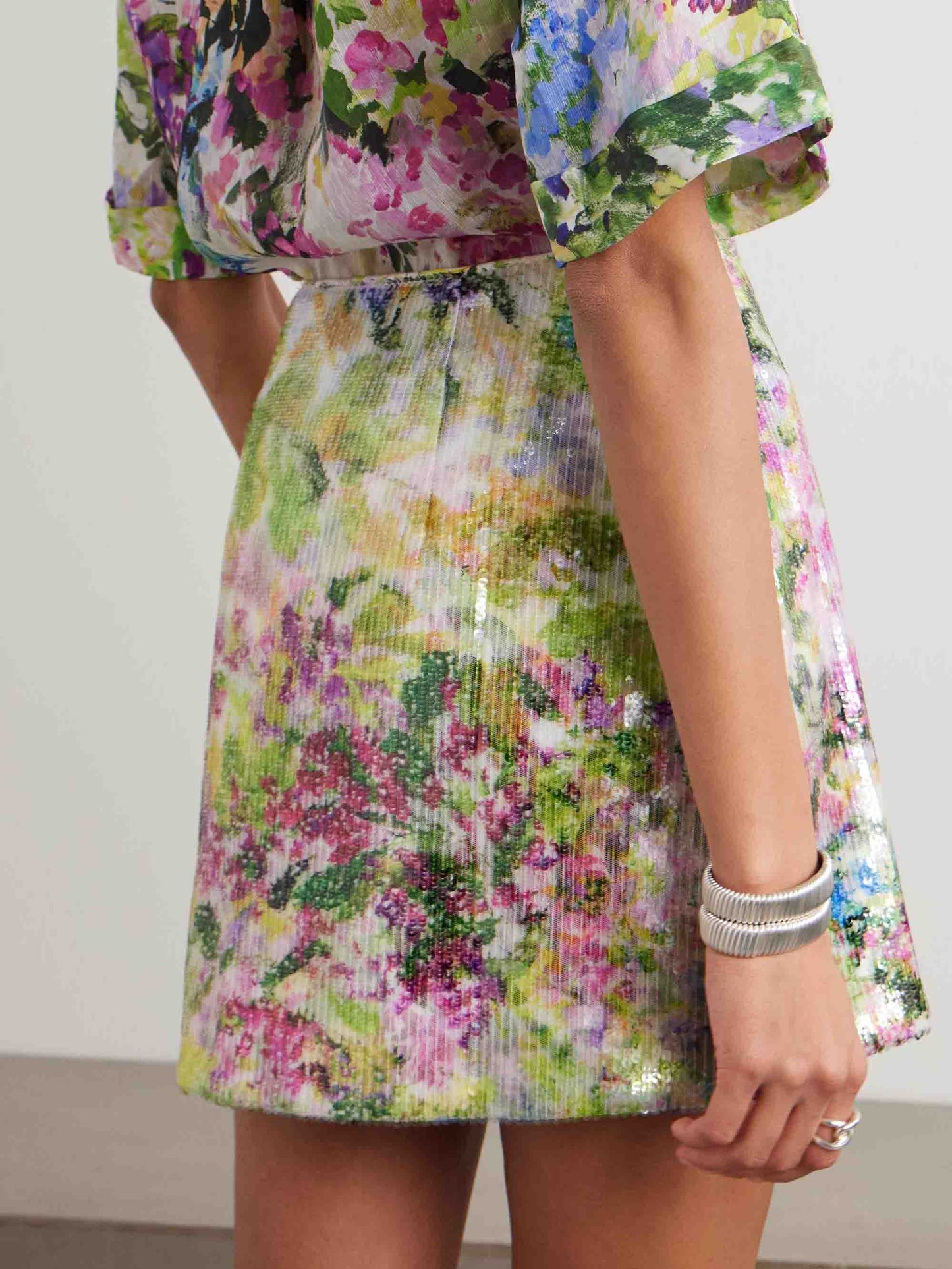 Elegante Bloemenprint Pailletten Top & Rok Twee-Stuk Set