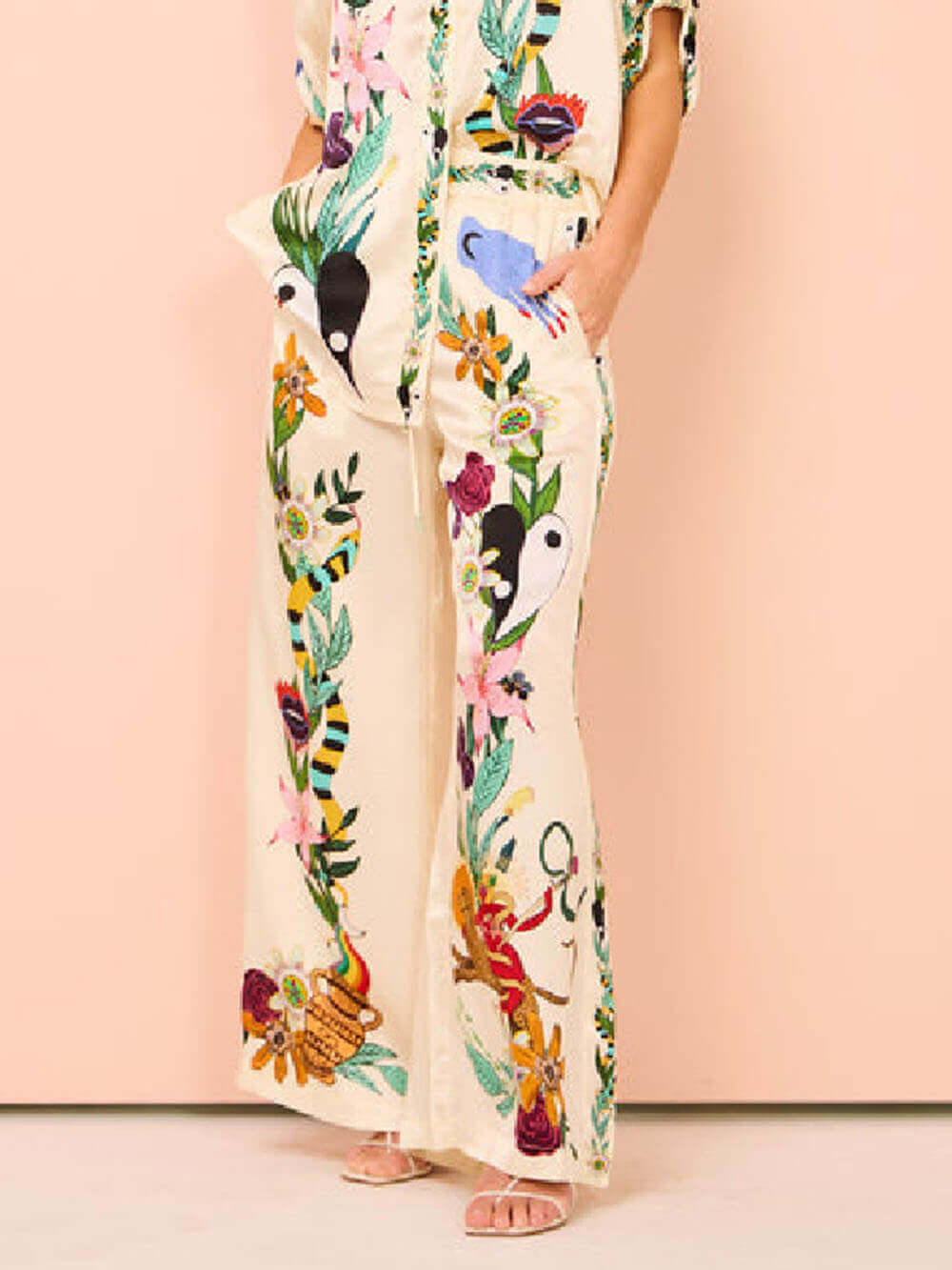 Moderne Verfijnde Gevoel Satijn Unieke Print Oversized Blouse Elastische Taille Ge pockette Wijde Pantalon Set