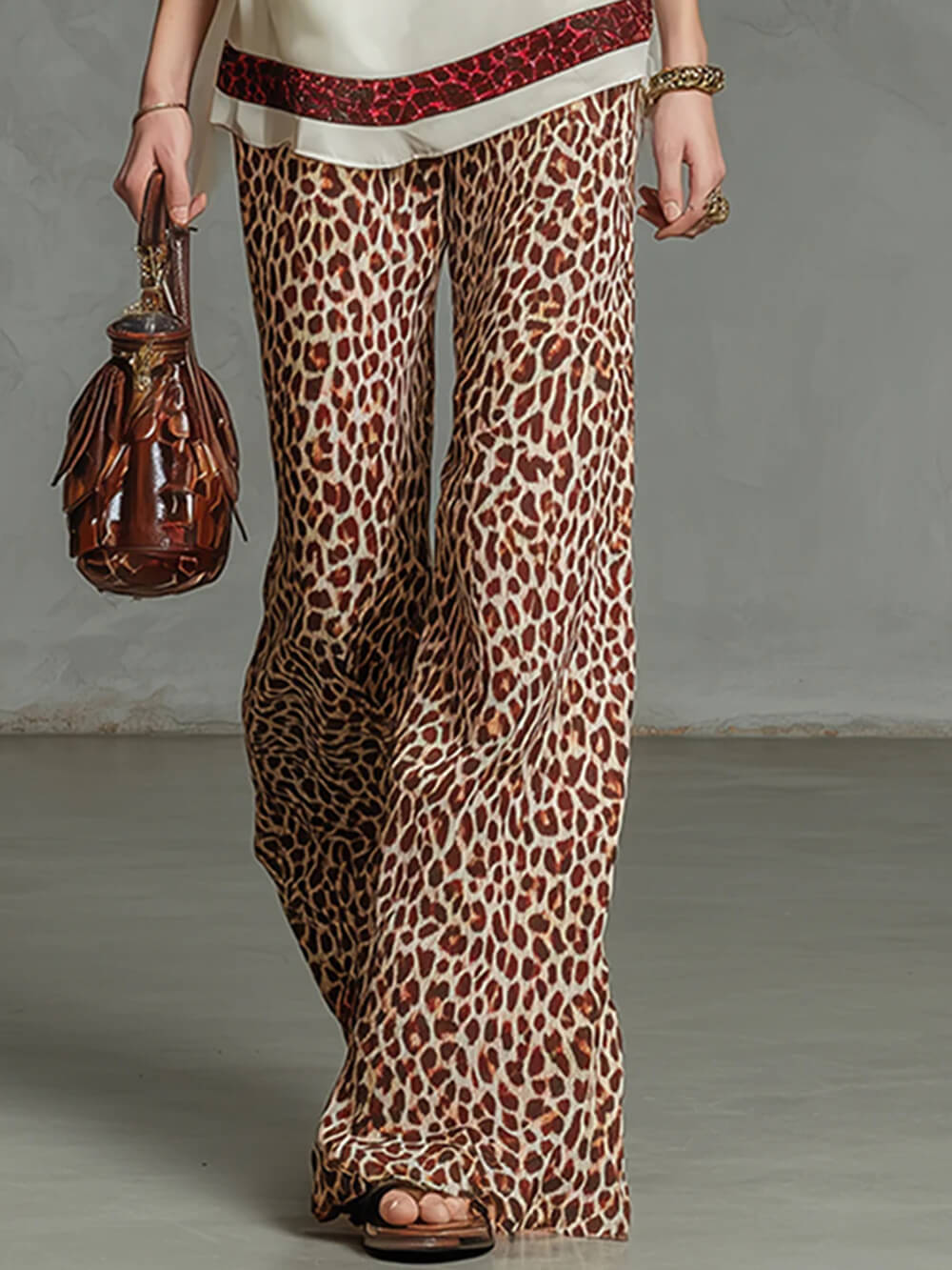 Mode Luipaardprint Chiffon Top En Elastische Taille Wijde Pantalon Set