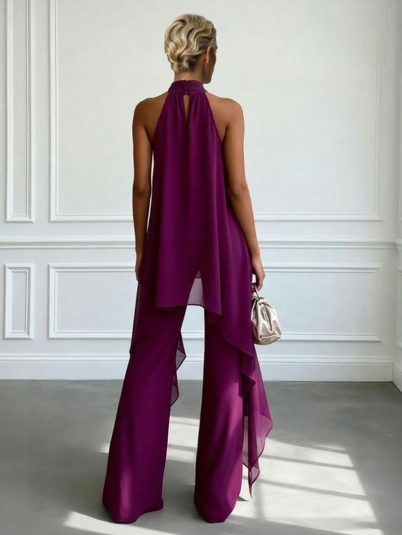 Elegante Halternek Asymmetrische Chiffon Top & Wijde Broek Set