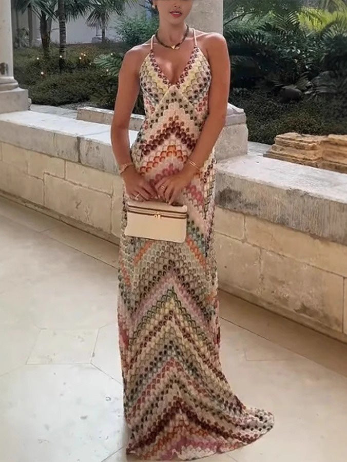 Unieke Gebreide Kleurrijke Herringbone Open Rug Maxi Jurk