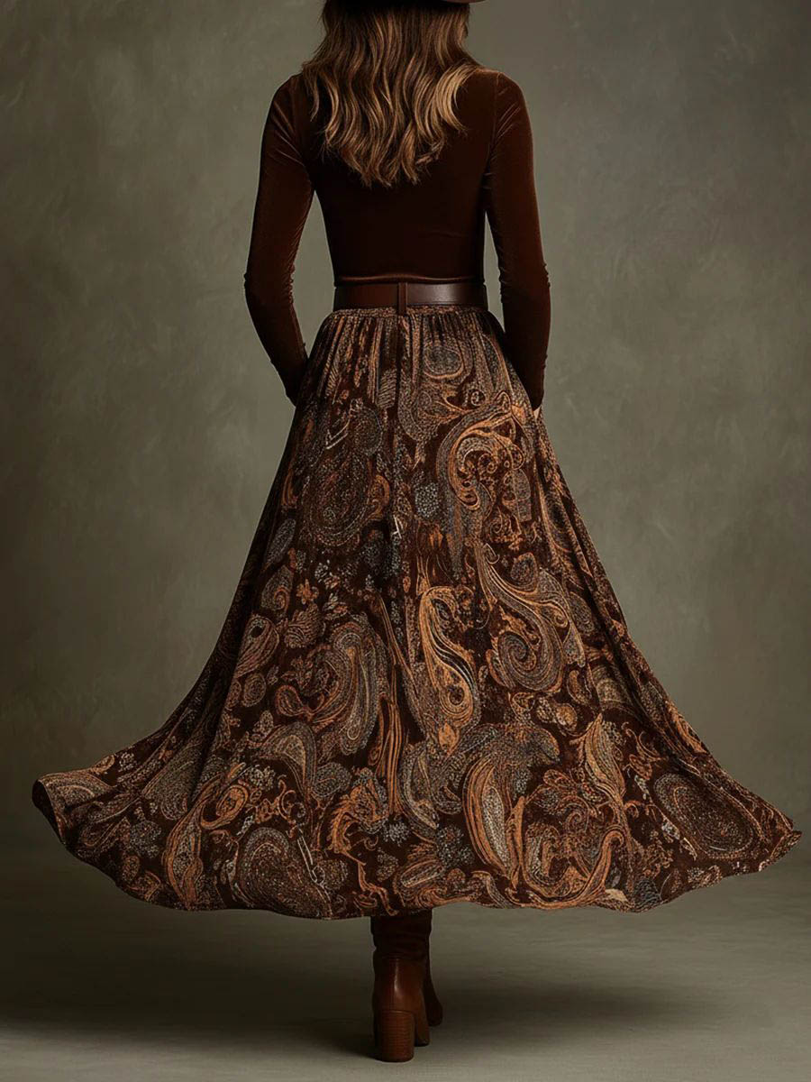Retro Stretch Velours Top En Paisley Print Maxi Rok Set