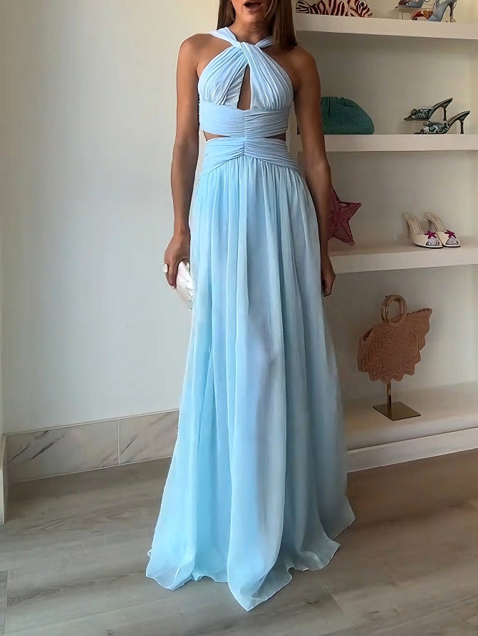 Elegante Halter Twist Front Cutout Plissé Maxi Jurk