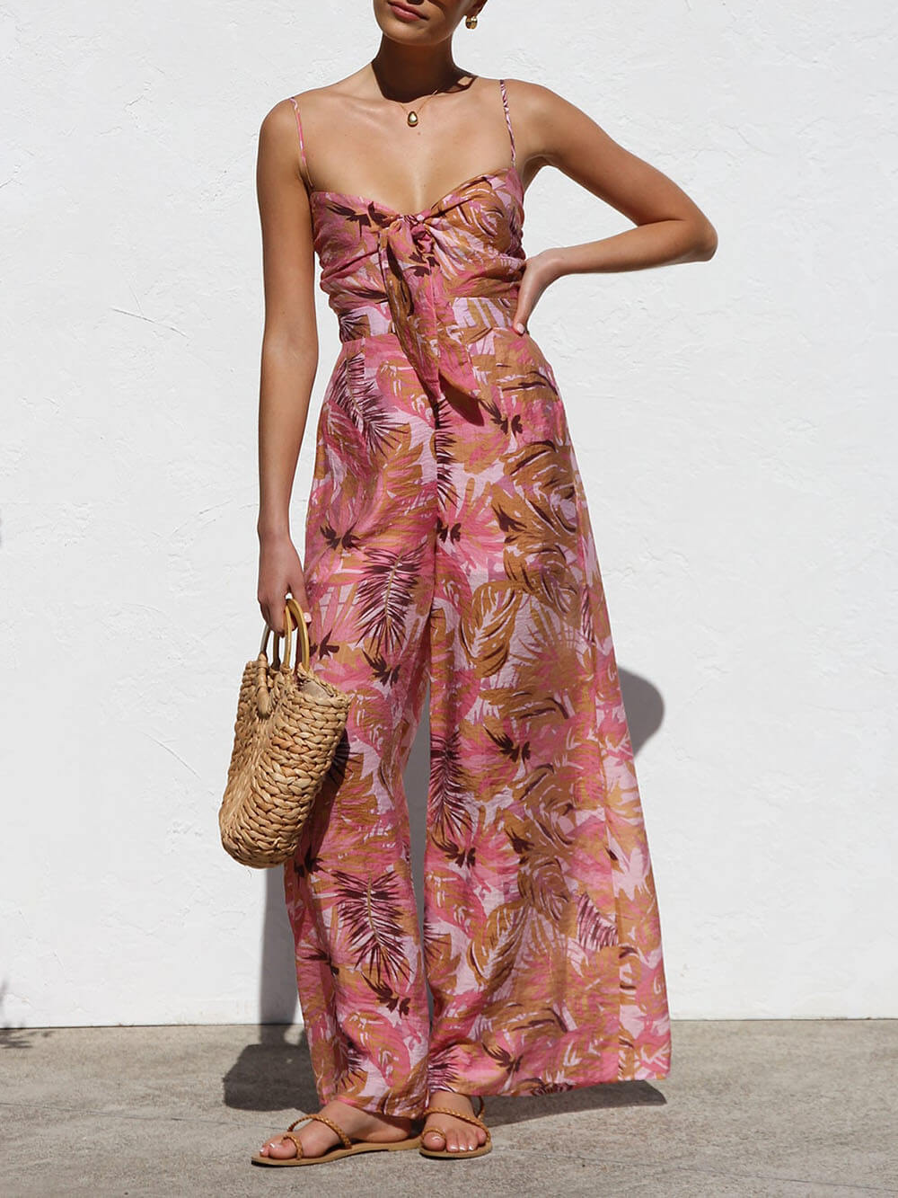 Delicate Botanische Print Spaghetti Band Resort Stijl Wijde Pantalon Jumpsuit