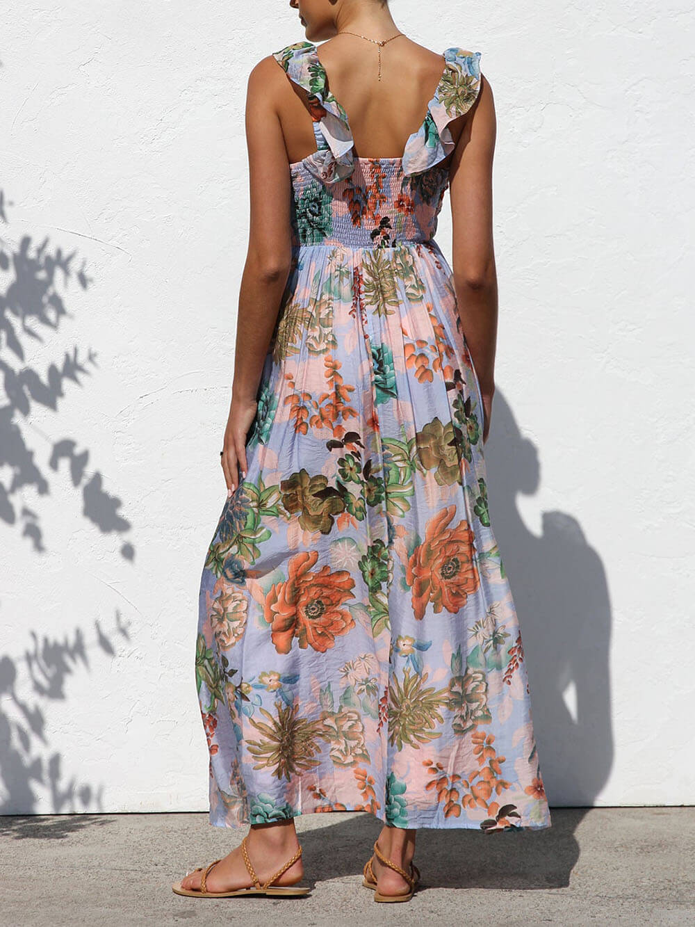 Prachtig Geplooid Uniek Bloemenprint Ruffle Mouw Maxi Jurk