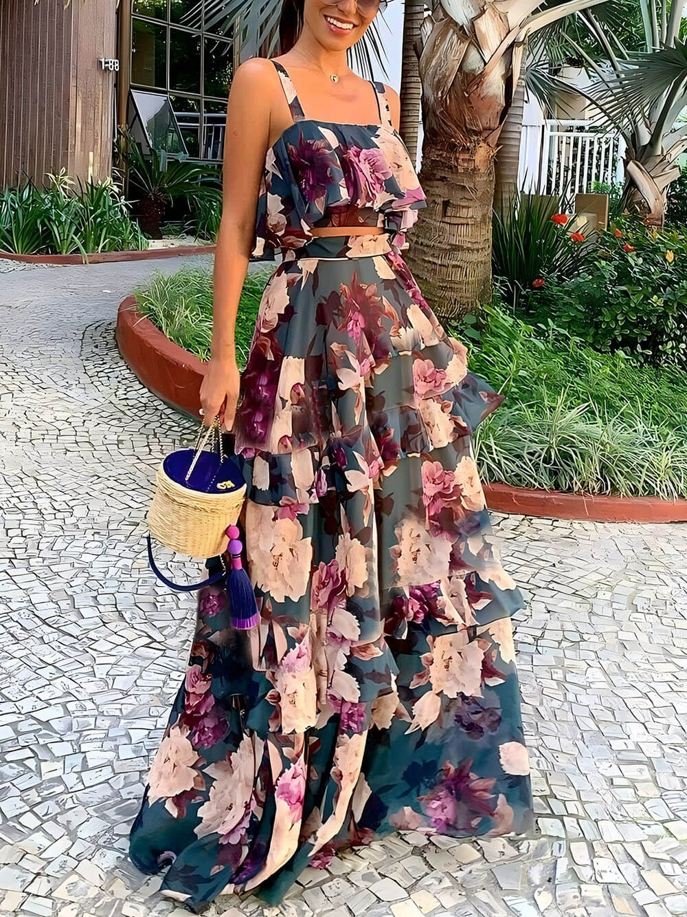Elegante Klassieke Bloemenprint Rimpel Top En Maxi Rok Set