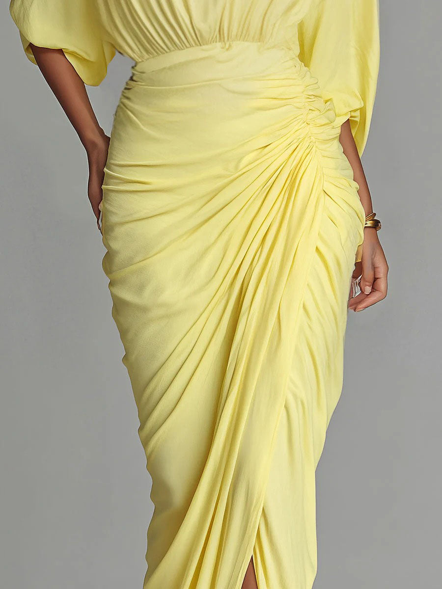 Elegante Hoge Hals Halve Mouw Geplooide Maxi Jurk