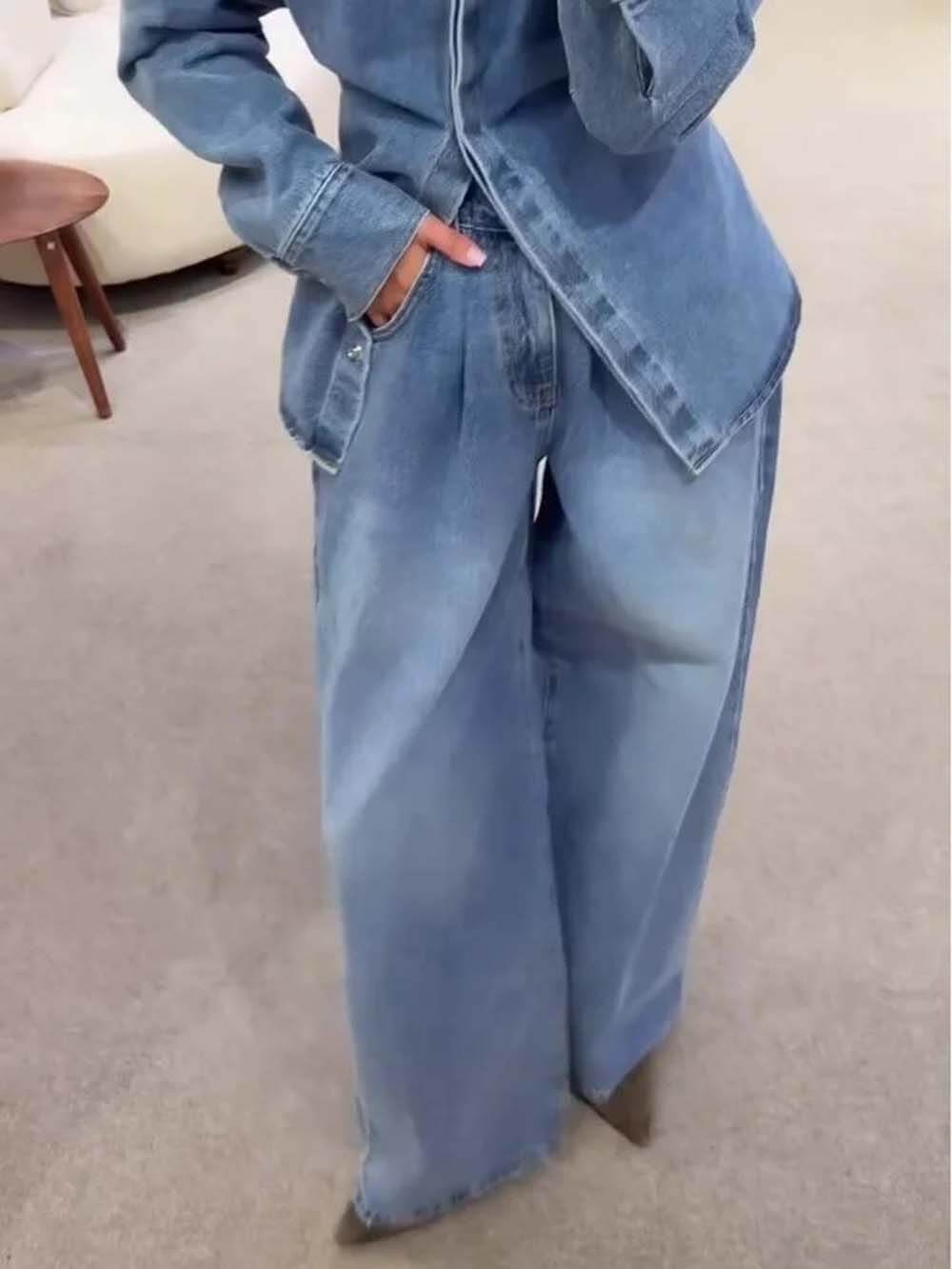 Modieuze Hoge Taille Pocket Wijde Jeans