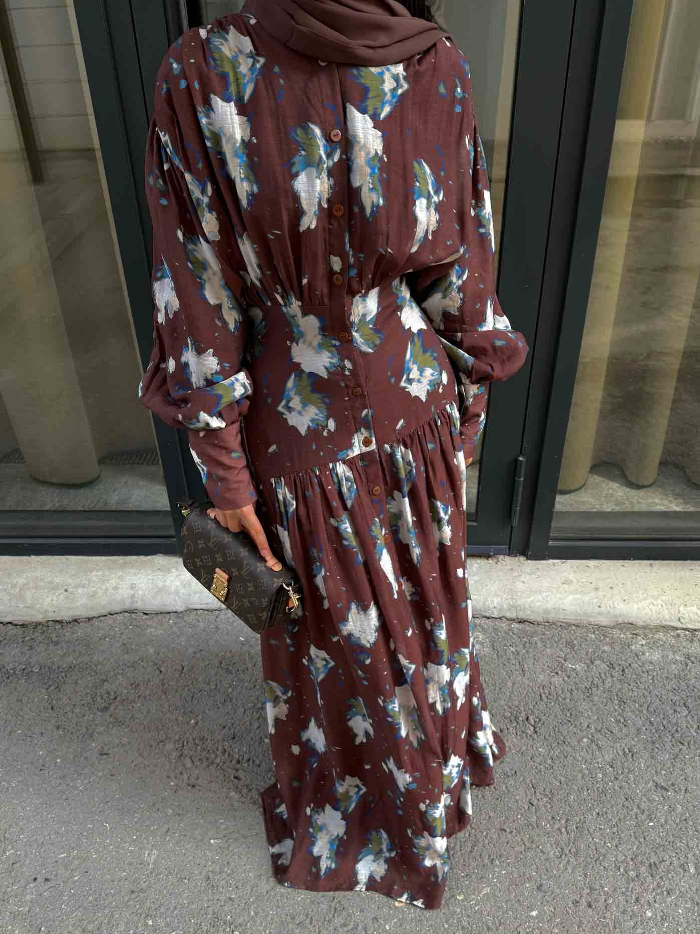 Retro Bloemenprint Plissé Ballon Mouw Maxi Jurk
