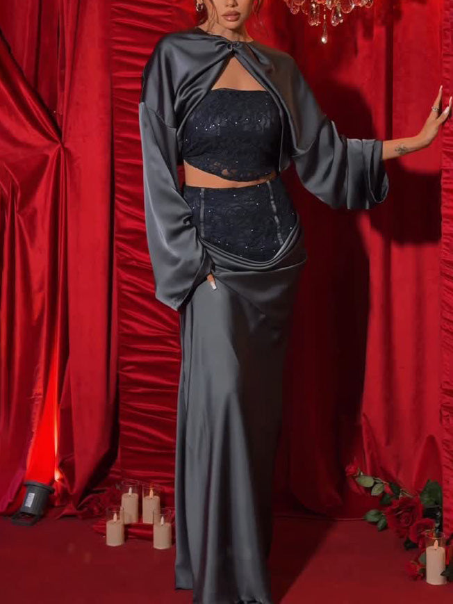 Elegante Satijnen Lange Mouwen Crop Top En Rok Twee-delige Set