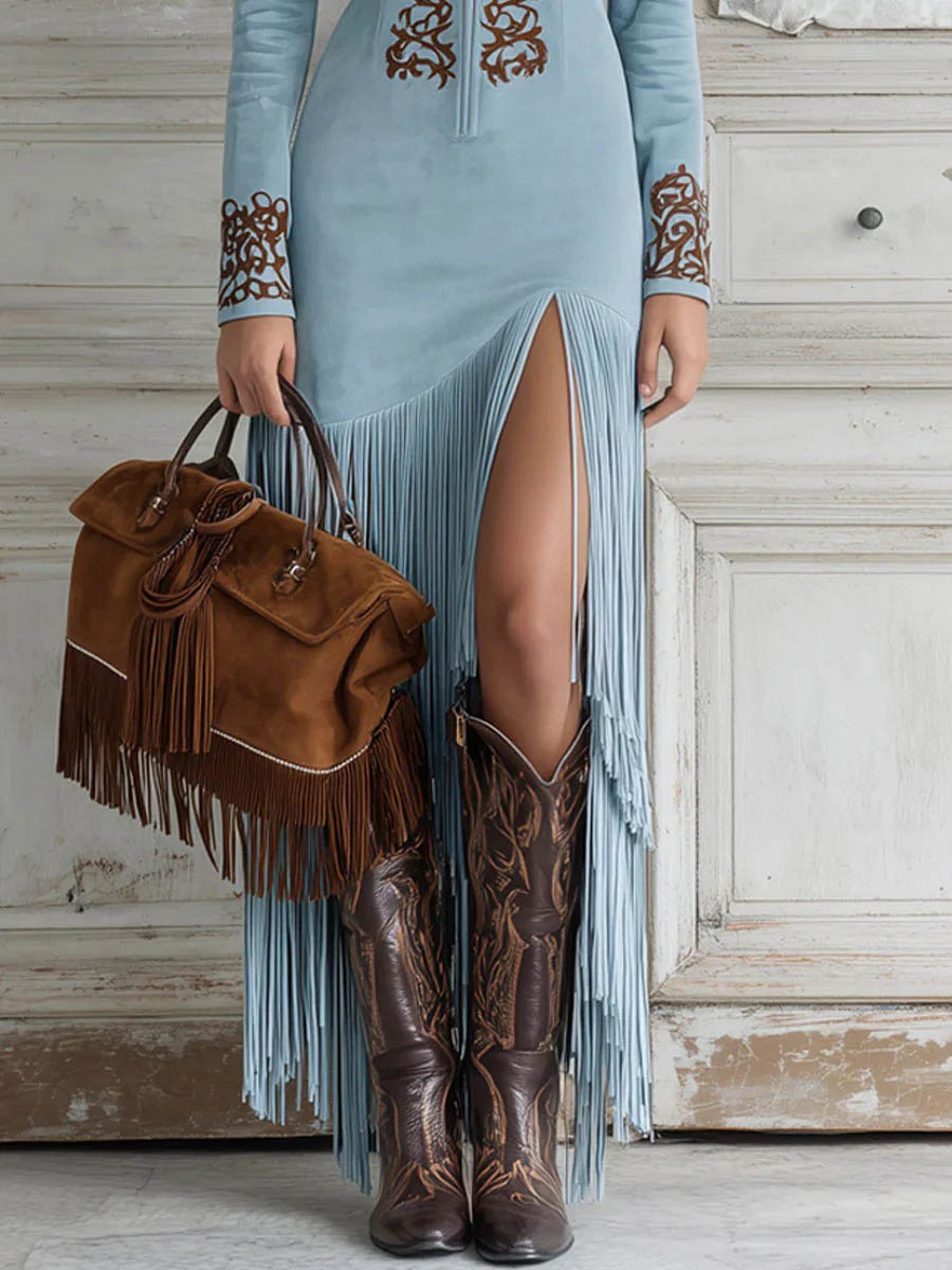 Vintage Western Halve-Rit Suede Franje Jurk