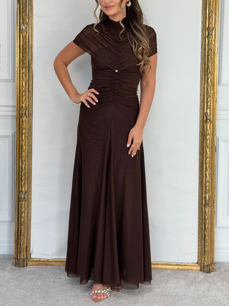 Mesh Geplooide Maxi Jurk met Korte Mouwen