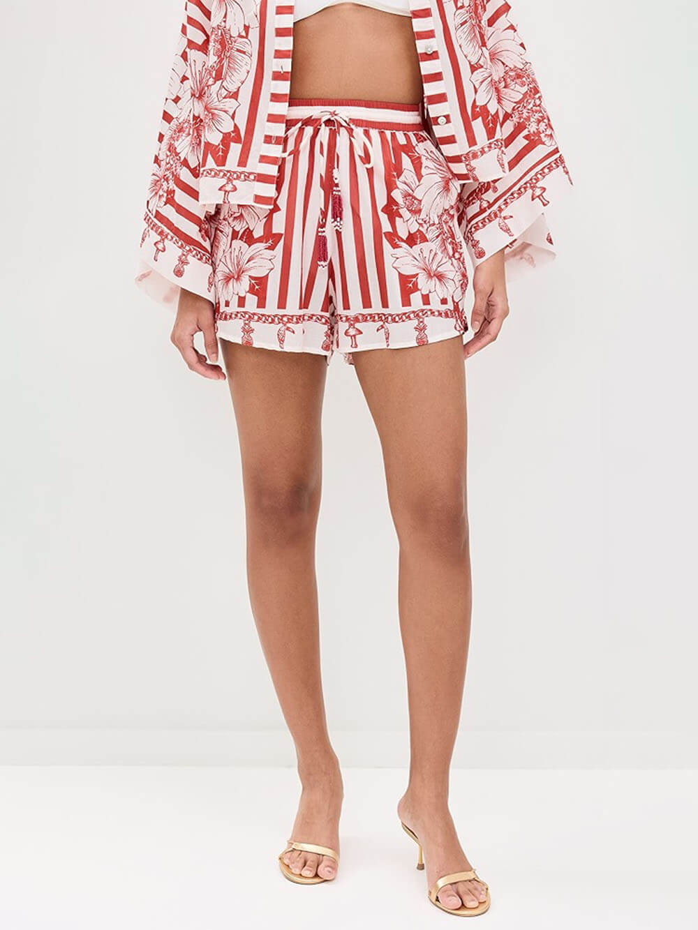 Unieke Bloemenprint Wijd Mouwen Shirt en Elastische Taille Zakshorts Set
