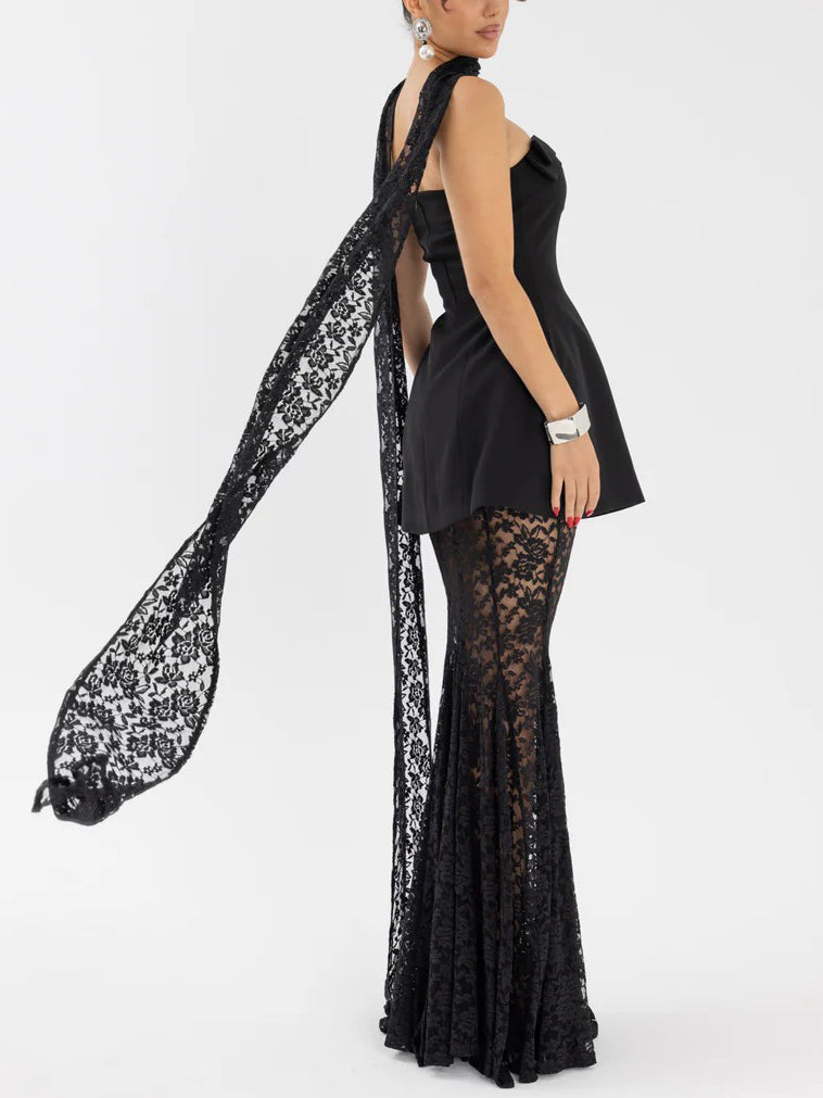 Elegante Strapless Mini Jurk En Kanten Maxi Rok Set