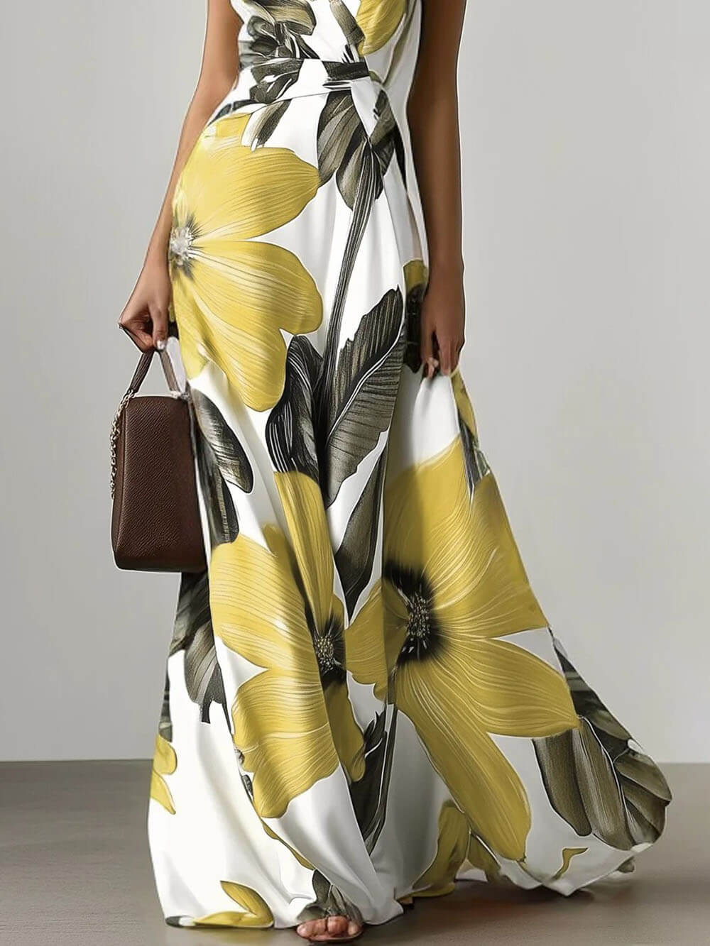 Elegante Bloemenprint Klassieke V-Hals Mouwloze A-Lijn Maxi Jurk