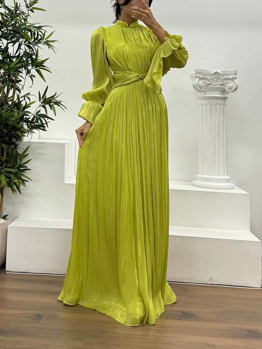 Modieuze Plissé Taille Lange Mouwen Chiffon Avond Maxi Jurk