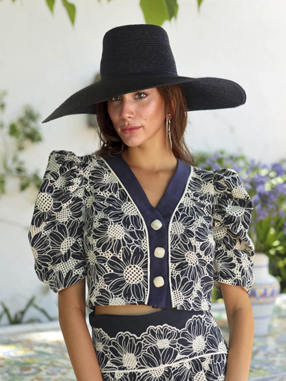 Retro Bloemenprint Puff Mouw Top Hoge Taille Pocket A-lijn Midi Rok Set