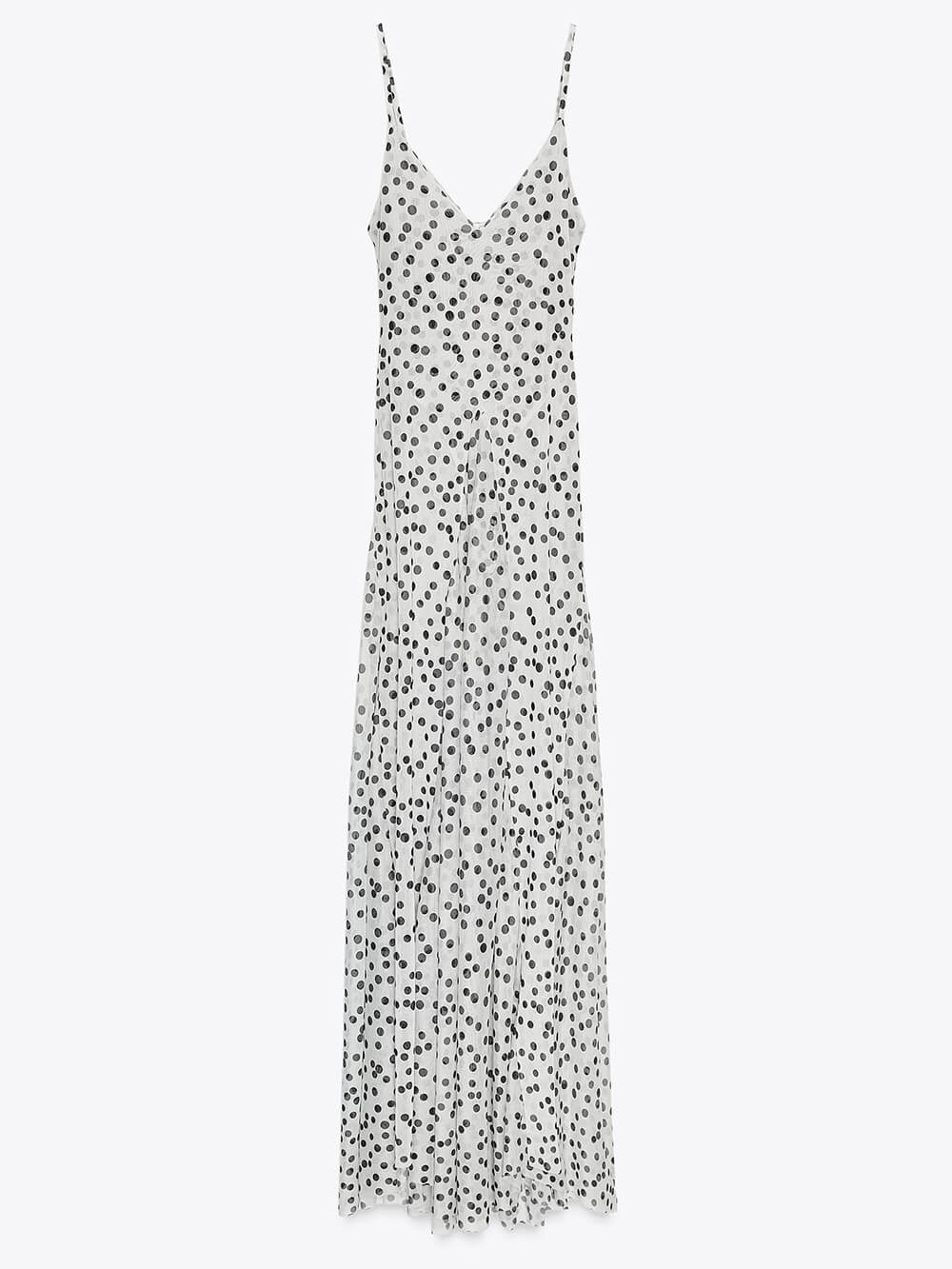 Elegante Polka Dot Print V-Hals Spaghetti Band Flounce Hem Maxi Jurk