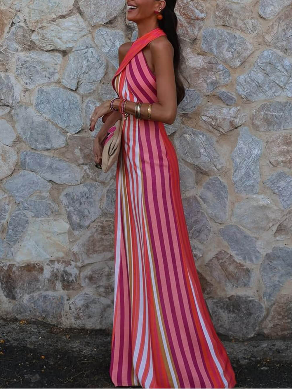 Zomer Zonsondergang Samba Cross-strap Gestreepte Maxi-jurk