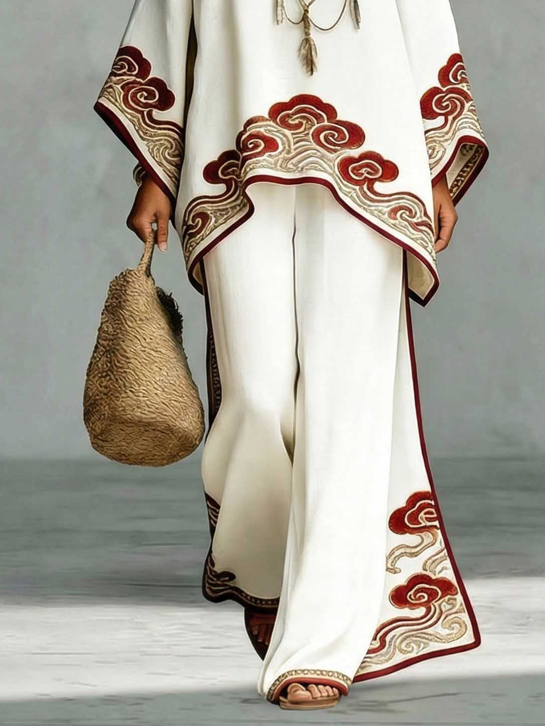 Elegante Satijnen Cloud Print Losse Kaftan Top & Broek Twee-Piece Set