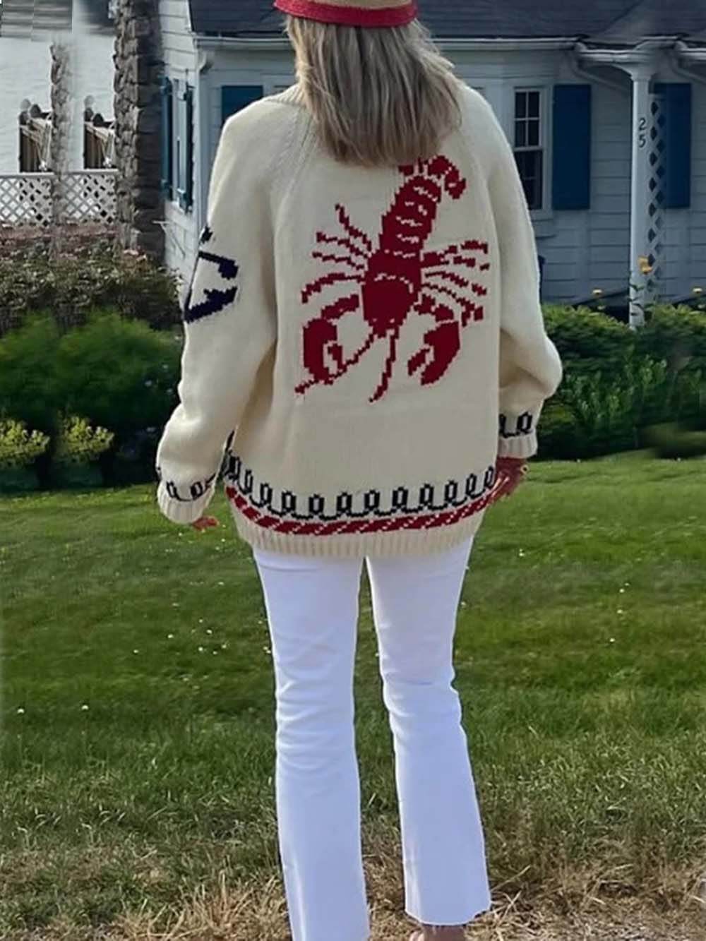 Unieke Mode Kreeftenprint Casual Lange Mouw Brei Cardigan