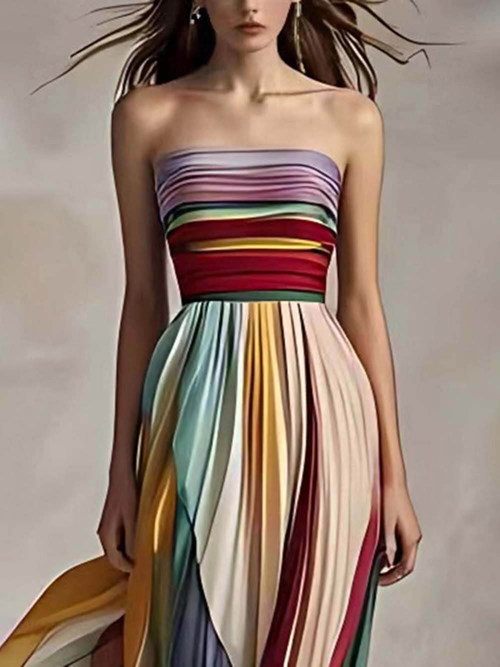 Elegante Gestreepte Gedrukte Off-shoulder Geplooide Bandeau Maxi Jurk