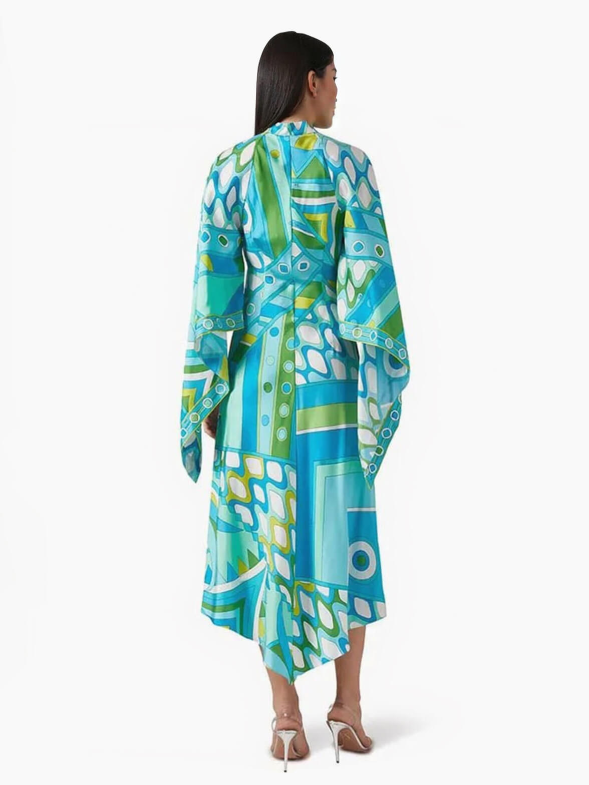 Elegante Knop-Up Staande Kraag Gedrukt Los Flared Asymmetrische Midi Jurk