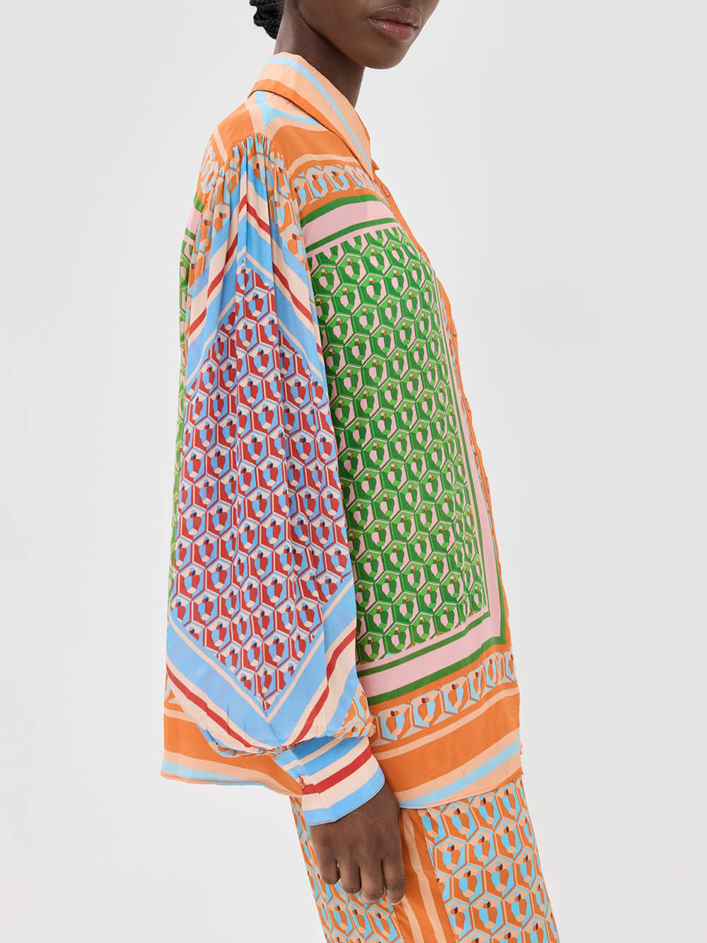 Kleurvolle Unieke Print Ballon Mouw Knop Losse Shirt