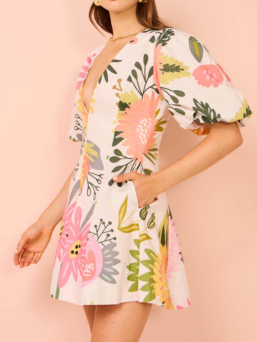 Bloemenprint Puff Sleeve Mini Jurk met Zakjes