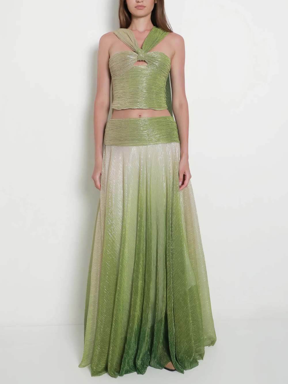 Elegante Ombre Gedrukte Eén-Schouder Cutout Top en Hoge Taille A-Lijn Rok Set