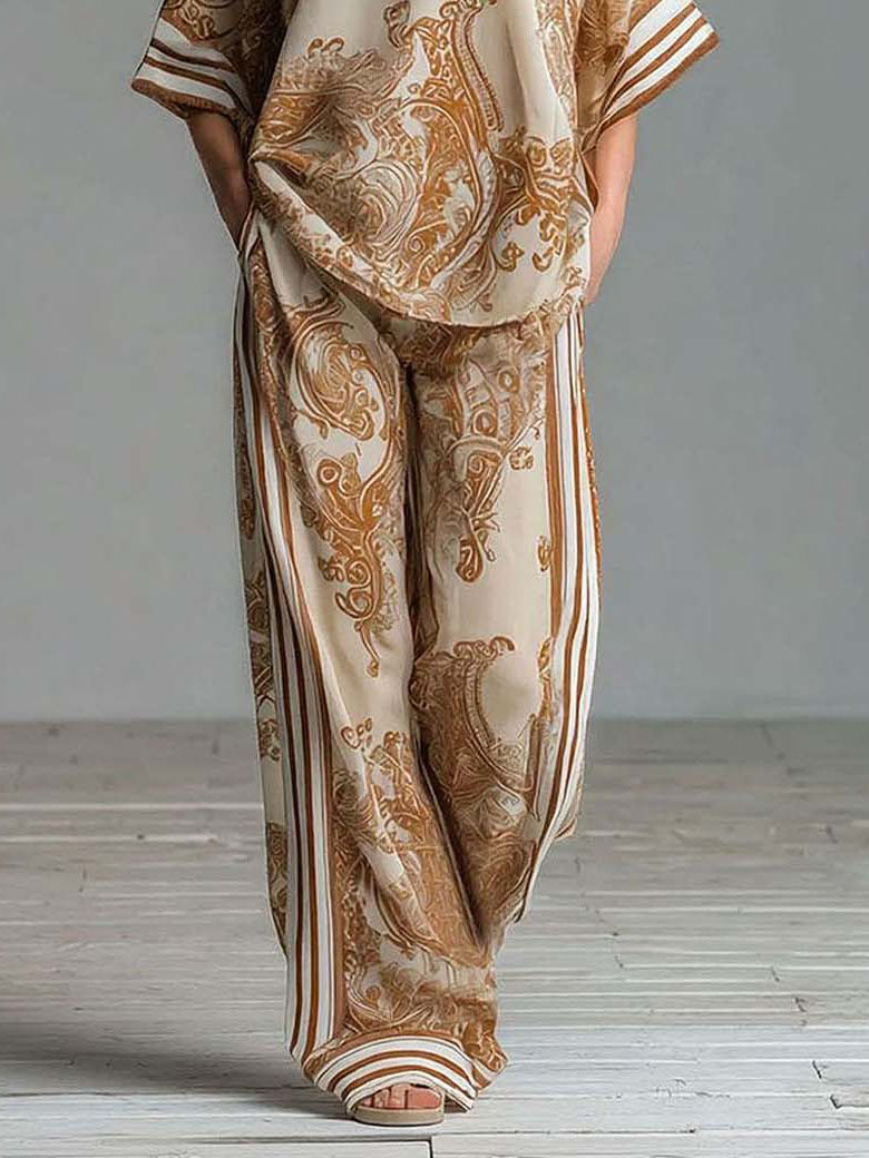 Bohemian Paisley Print Top & Wijde Broek Twee-Delige Set