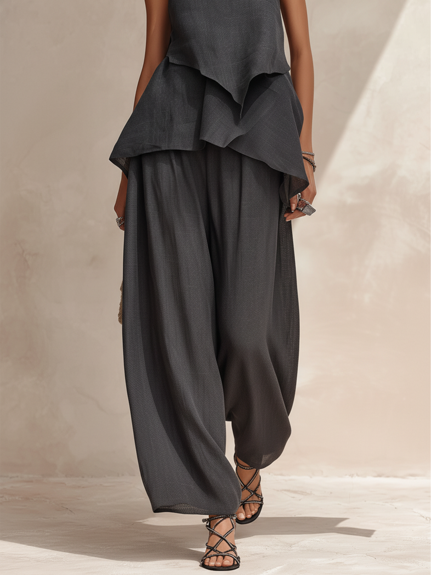 Donkergrijze Linnenmix Cami & Brede Pantalon Set | Asymmetrische Vloeiende Twee-delige Set