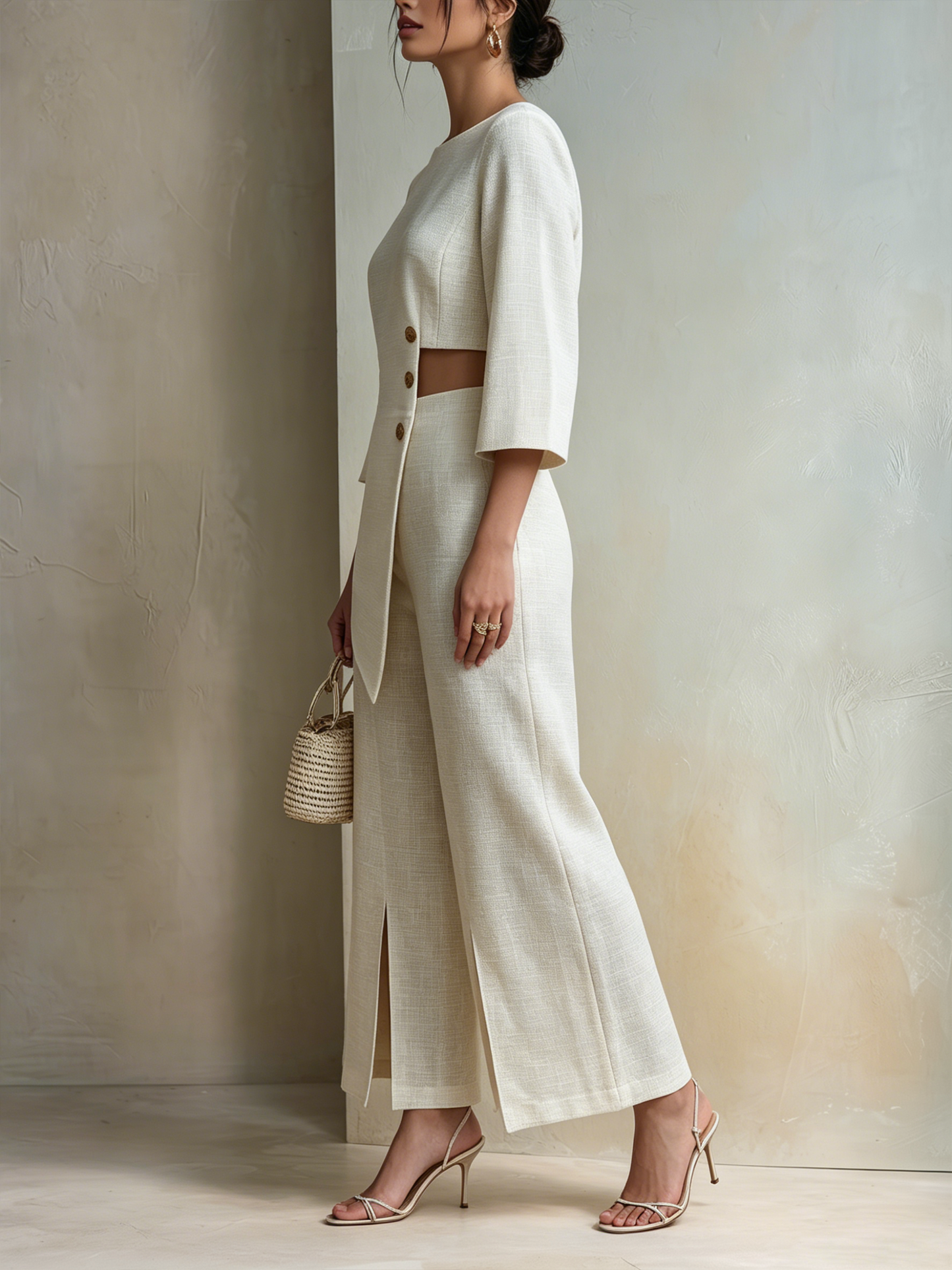 Asymmetrische Cutout Linnenmix Twee-delige Wijde Pantalon Set