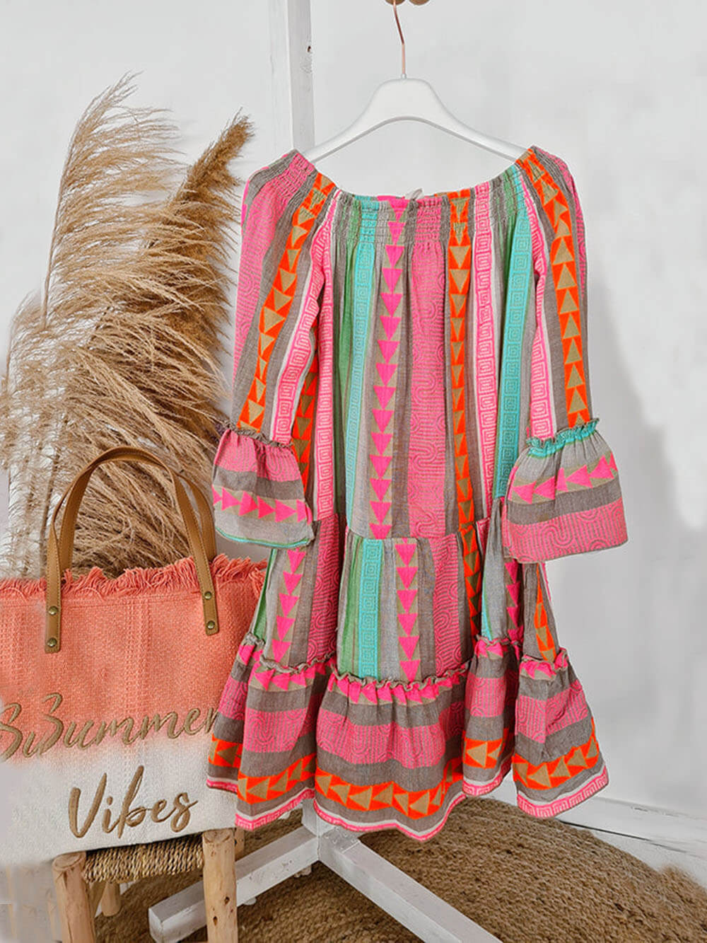 Linnenmix Etnische Print Off-Shoulder Los Mini Jurk
