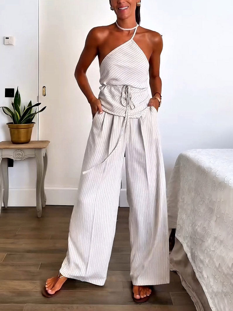 Casual Gestreepte Print Lace-up Tanktop Brede Pantalon Twee-delig Set