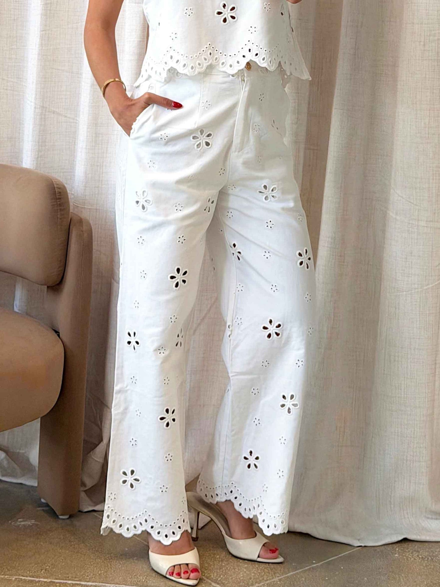 Casual Eyelet Geborduurde Crop Top & Wijde Pantalon Twee-Delige Set