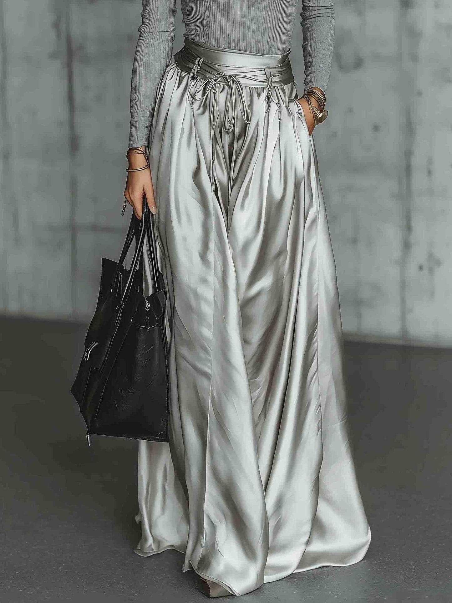 Moderne Geribbelde Top & Metallic Maxi Rok Set