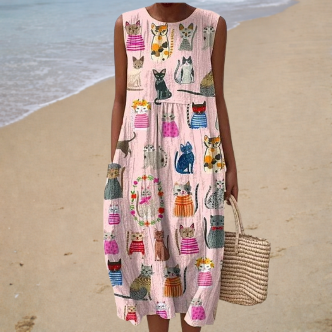 Flavia | Midi-jurk met Kattenprint