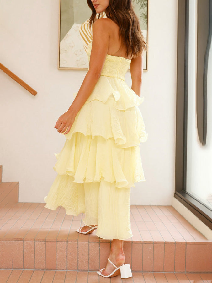 Elegante Strapless Rugloze Cake Midi Jurk