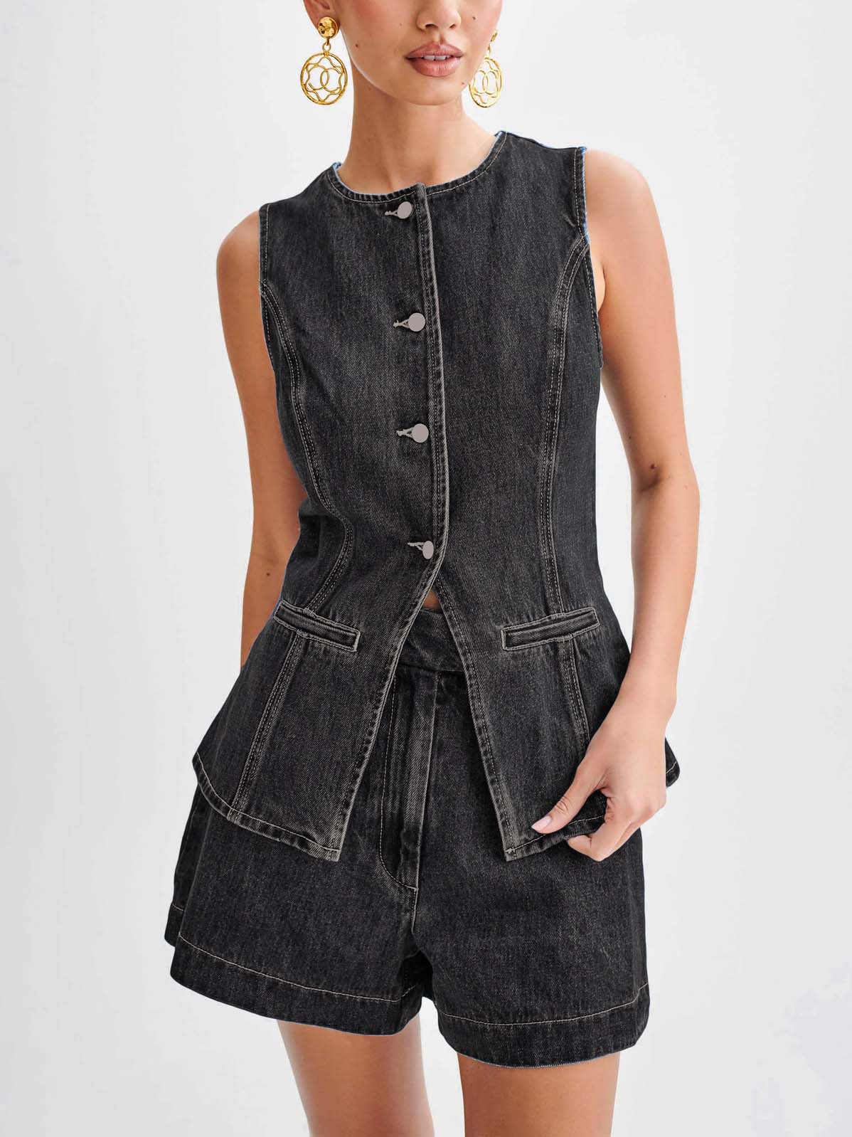 Minimalistische Old Money Stijl Denim Vest En Shorts Set