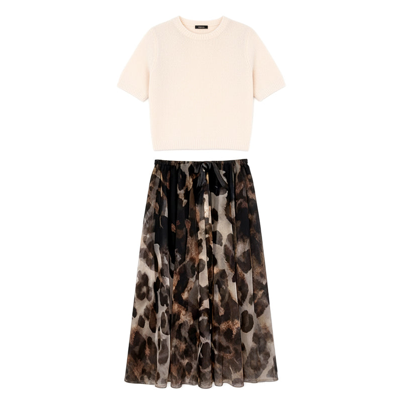✨Tweedelige set voor dames, bestaande uit een trui en een soepelvallende rok met luipaardprint