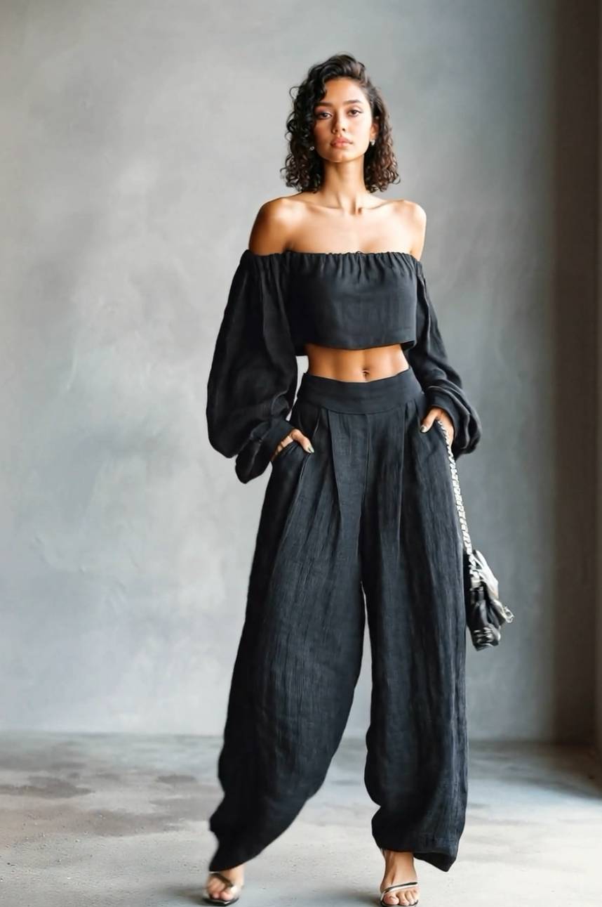 Off-Shoulder Korte Top En Brede Pantalon Set