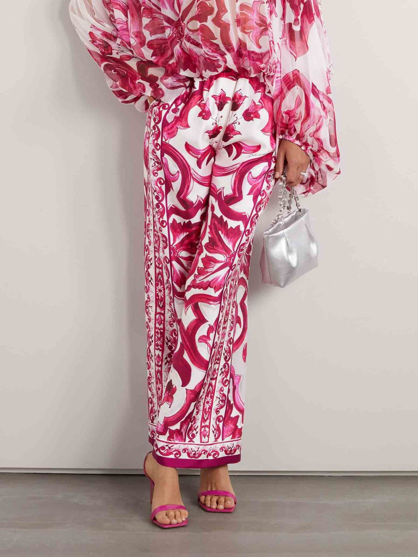 Elegante Barokke Bloemenprint Off-Shoulder Chiffon Twee-Delige Set